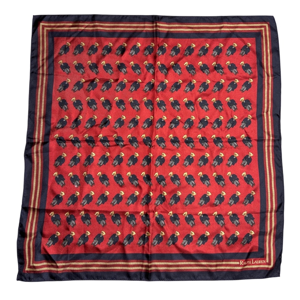 Ralph Lauren Silk Scarf‎ Red Teddy Bear Print Square Neck Scarf 20.5" x 21.5"